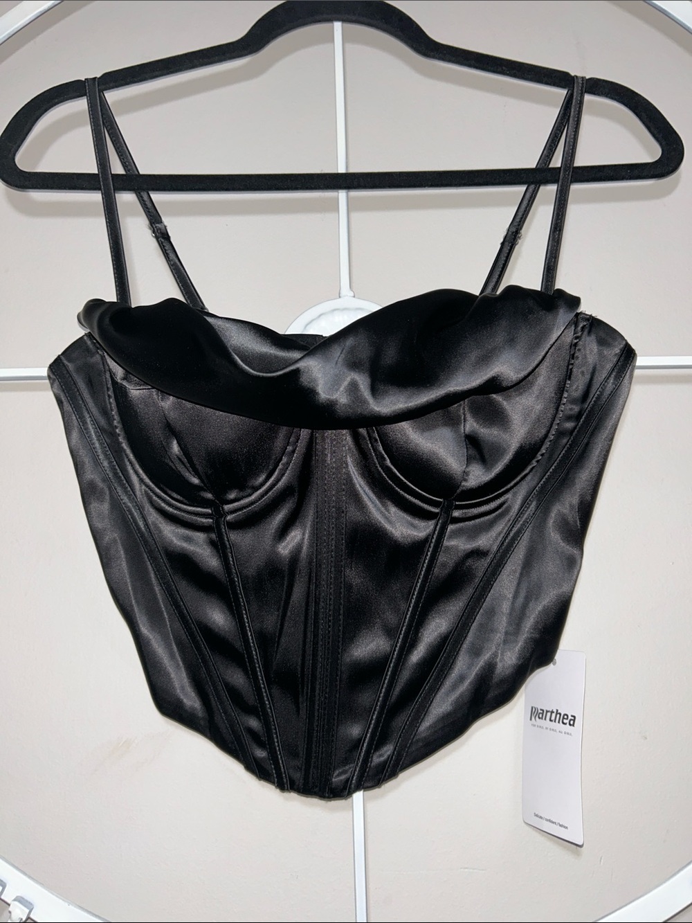 NWT Parthea Y2K Black Satin Draped Corset Bustier Cami Top w/ Sweetheart Detail